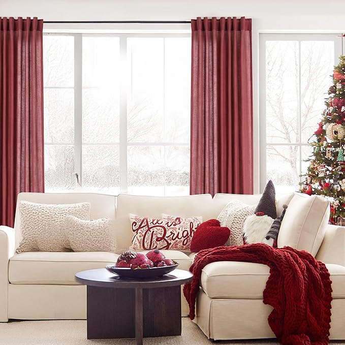 Burgundy Curtains for Living Room Back Tab Modern Farmhouse Semi Sheer Burgundy Curtains 108 inches Long 2 Panels Set Muted Neutral Window Curtain for Dining Room Bedroom 52x108