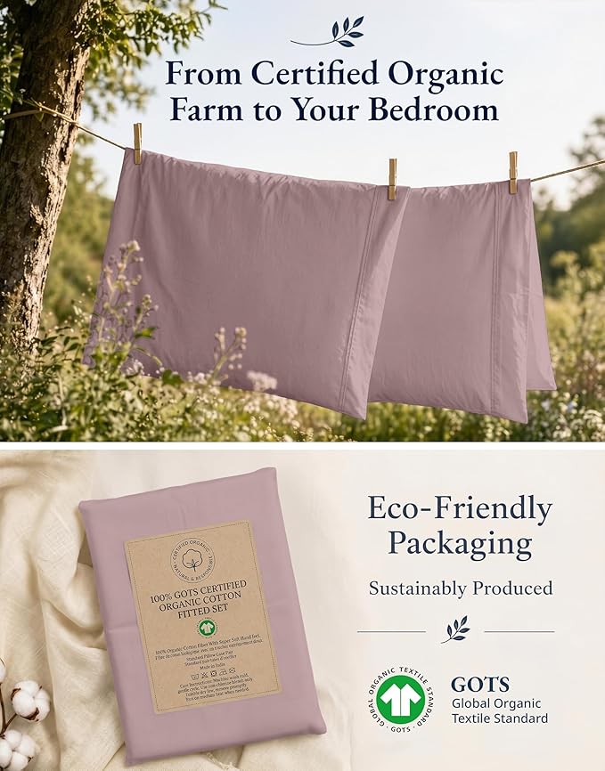 LANE LINEN Twin XL Fitted Sheet, 100% Organic Cotton 2-Piece Set (1 Fitted Sheet, 1 Pillowcase), Percale Weave, Bottom Sheet, Soft, Breathable, Fits Mattress Upto 15" Deep - Lilac (No Flat Sheet)