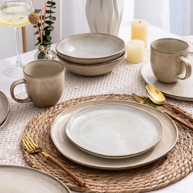 AmorArc Ceramic Dinnerware Sets,Handmade Reactive Glaze Stoneware Plates and Bowls Sets,Highly Scratch Resistant | Dishwasher & Microwave Safe Dishes Set,Service for 4 with Mugs (16pc)
