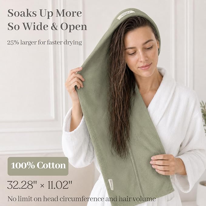 ROLSHOL Cotton Hair Towel Wrap for Women, 2 Pack 100% Cotton Hair Drying Towels for Long, Thick & Curly Hair, 32" x 11" Large Hair Turban for Wet Hair with Elastic Band (Green)