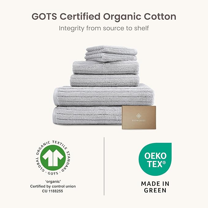 BIOWEAVES 100% Organic Cotton 6-Piece Luxury Bathroom Ribbed Towel Set GOTS Certified 700 GSM, 2 Bath Towel, 2 Hand Towel & 2 Wash Cloths - Lunar Rock