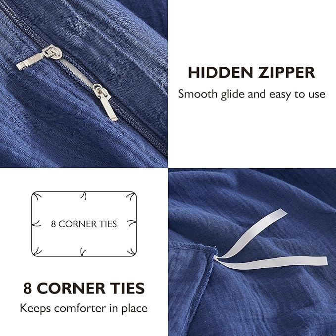 EMME Muslin Cotton Duvet Cover Set King Size Linen Like Soft Breathable Lightweight Summer Comforter Cover Set with Zipper Closure (Navy, King, 104"x90")