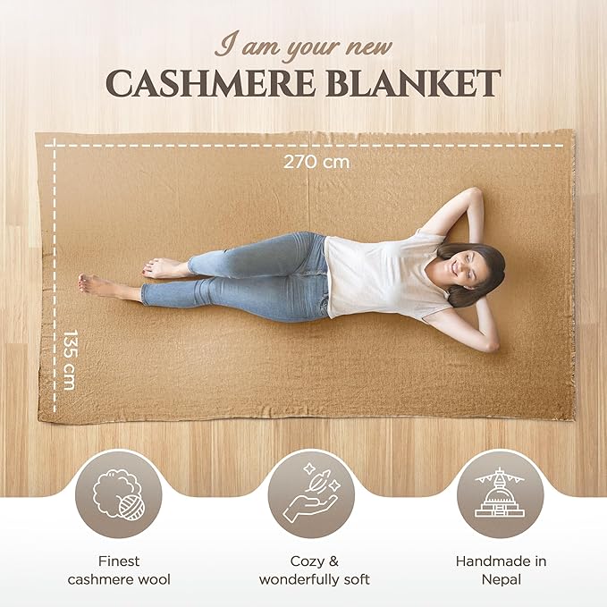 Cashmere Blanket – Hand Woven 100% Pure Wool Throw Blanket, 135 x 270 cm – Fine Herringbone Pattern Cozy, and Soft Blanket for Bed, Sofa, or Couch - Made in Nepal