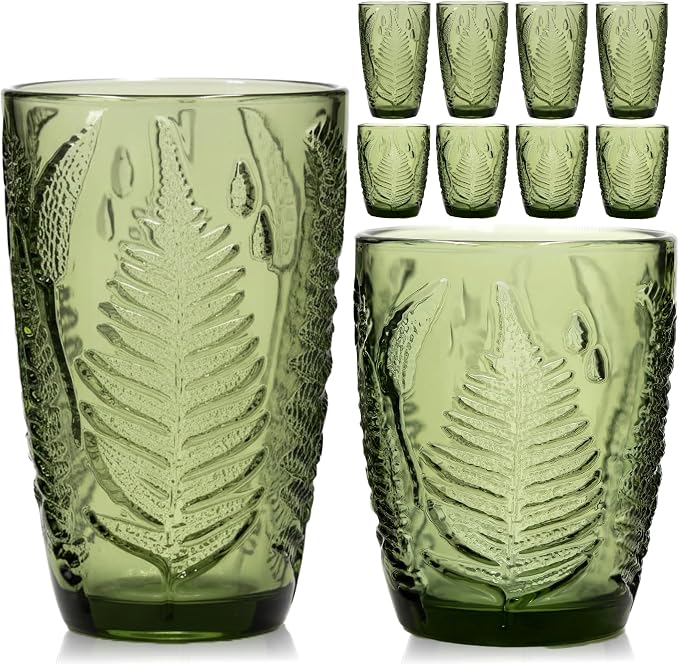Green Drinking Glasses Mixed Set of 8, 12 oz Highball & 10 oz Lowball Hand-Pressed Glass Cups, Fern Embossed Textured Tumblers, Colored Vintage Glassware for Water, Cocktails, Juice, Housewarming Gift