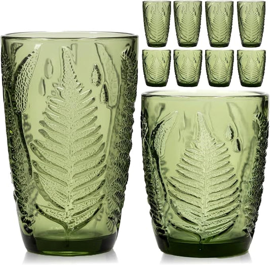 Green Drinking Glasses Mixed Set of 8, 12 oz Highball & 10 oz Lowball Hand-Pressed Glass Cups, Fern Embossed Textured Tumblers, Colored Vintage Glassware for Water, Cocktails, Juice, Housewarming Gift