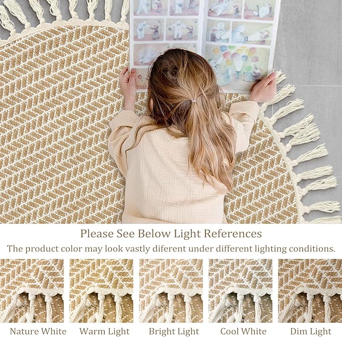 Lahome Belle Boho Round Rug 3ft, Small Circle Rugs for Entryway Kitchen Cotton Washable Indoor Door Bath Mat with Tassels, Farmhouse Round Area Rug Non Shedding Circle Carpet for Bedroom Entry, Khaki