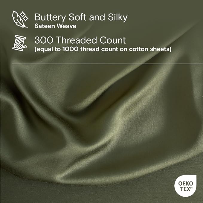 DOZ Sheet Set, 100% Viscose derived from Bamboo, Organically Grown, Buttery Soft, Cooling Sheets, High GSM, Deep Pockets - 4 Piece - 2 Pillowcases 1 Fitted 1 Top Sheet (Olive, Full)