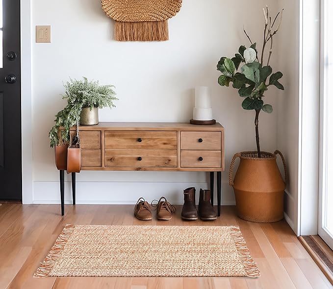 COTTON CRAFT Woven Area Rug - Reversible Boho Farmhouse Rustic Cotton Throw Rug Carpet with Fringe - Machine Washable Mat for Bedroom Living Room Entryway Bathroom Dorm - 22x34 - Terracotta Natural