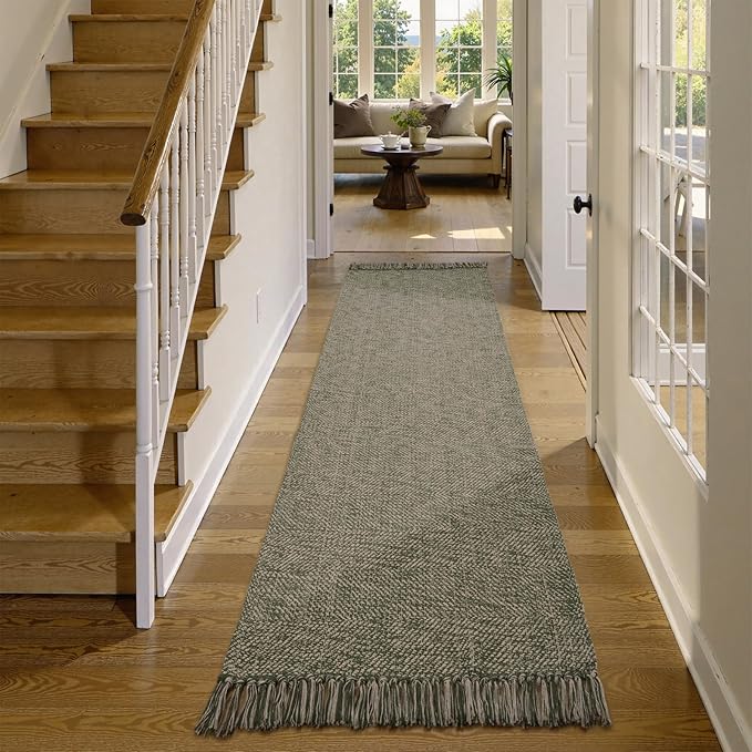 Collive Long Hallway Runner Rug 2.6' x 10', Washable Runner Indoor Entryway Runner Rug, Braided Woven Kitchen Runner Rugs Natural/Green Reversible Bedroom Carpet for Laundry Room Doorway