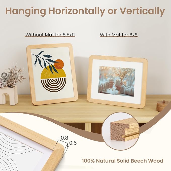Fun Memories 8.5x11 Picture Frame - Solid Beech Wood Diploma & Certificate Frame, 8.5x11 Frame with Mat for 6x8 Photos, Awards & Achievements, Tabletop and Wall Display with Real Glass, Natural Beech