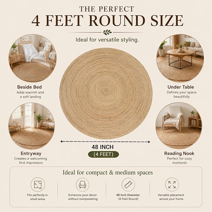 THE BEER VALLEY Jute Braided Area Rug 4 Feet Round - Natural | Reversible Handwoven Farmhouse Circle Rugs for Living Room, Bedroom, Nursery, Kitchen - Rustic Floor Mat for Porch Décor
