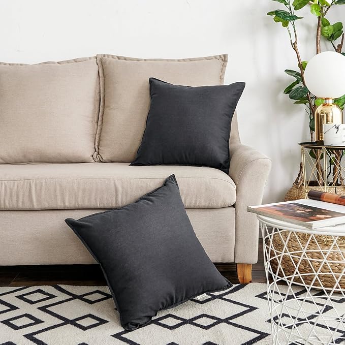 Jeanerlor Set of 2 Decorative Cotton Linen Couch Throw Pillow Case 26"x26" Sofa Pillow Durable Classy, Comfortable Cushion Cover for Living Room Car (65 x 65cm) Dark Grey