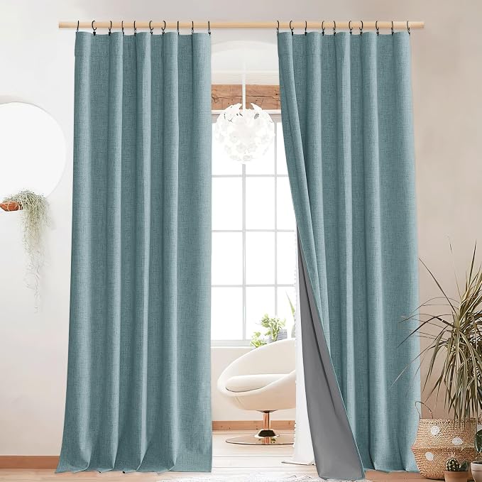 NICETOWN Skylark Blue Blackout Linen Curtains 95" Long, Rod Pocket Back Tab Full Light Blocking Drapes with White Thermal Insulated Liner for Nursery, Hall, Villa (2 Pieces, 52" Wide Each Panel)