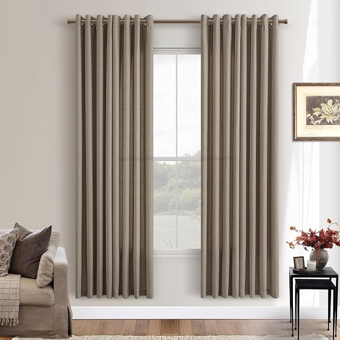 Tan Brown Semi Sheer Curtains 72 Inch Long Faux Linen Bronze Grommet Non-See-Through Privacy Drapes Cottagecore Boho Shabby Chic Bay Window Living Curtains 72 Inch Length 2 Panels Set for Living Room