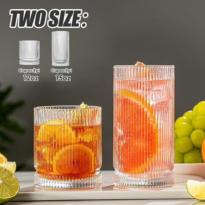 Drinking Glasses, Set of 8 Origami Style Glass Cups-4 Highball Glasses 15oz & 4 Rocks Glasses 12oz, Mojito Cups, Cocktail Glass, Elegant Ripple Vintage Glassware for Cocktail, Beer, Whiskey