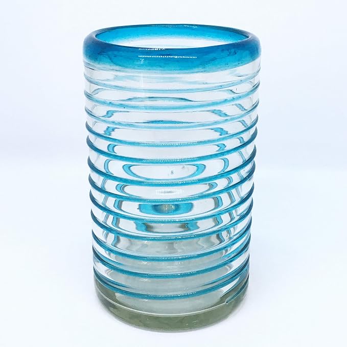 Aqua Blue Spiral 14 oz Drinking Glasses (set of 6), Recycled Glass, Lead-free, Toxin-Free (Drinking)