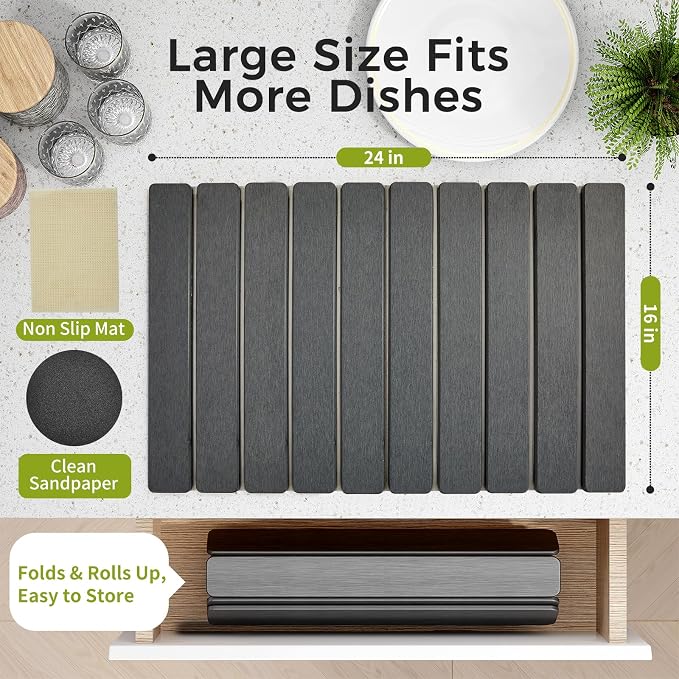 24’’ Larger Stone Drying Mat for Kitchen Counter[Super Absorbent, 30s Quick Drying] Stone Dish Drying Mat Collapsible Drying Matt Kitchen Counter Dish Drying Stone Mat Kitchen Sink Diatomaceous Earth