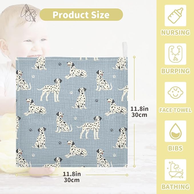 Baby Dalmatian Dogs Msulin Washcloths Newborn Face Towel - Baby Muslin Burp Cloths 5 Pack Soft Absorbent Natural Cotton Wash Towel 11.8"X11.8" Baby Bath Towels Wipes