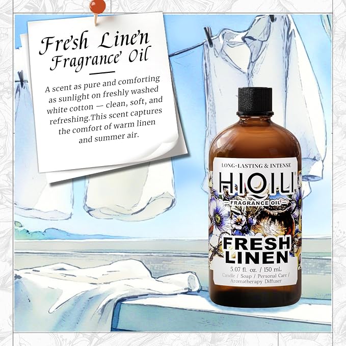 HIQILI Fresh Linen Fragrance Oil for Laundry Dryer Balls - 5.07 Fl Oz | Long-Lasting Freshie Scents for Laundry and Essential Oils Diffuser, DIY Candle, Soap, Room Spray, Graduated Dropper Included