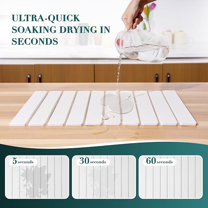 MessOut Stone Dish Drying Mat for Kitchen Countertop, 24x16” Fast Drying Diatomaceous Earth Dish Mat, Collapsible & Absorbent Drying Pad for Tableware, Minimalist Counter Protector