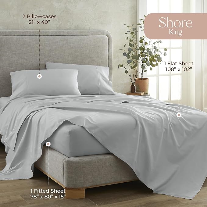 100% Organic Cotton Sheets King Size - GOTS Certified Organic Bed Sheets with Deep Pocket 300 Thread Count & Cozy Sateen Weave Gets Softer with Each Wash - Luxury 4 Piece Set (Shore, King)
