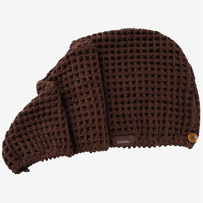 Luxury Organic Japanese Cotton Hair Drying Waffle Towel Wrap for Women | Absorbent, Quick-Dry Head Turban for Shower, Sauna, Spa | Extra Large for Long, Curly, Straight Hair With Button (Brown, 2 Pc)