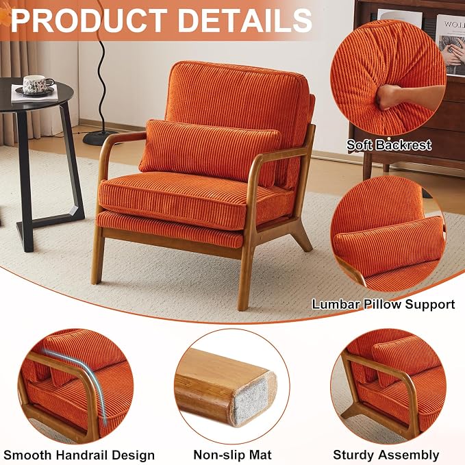 Karl home Mid-Century Modern Accent Reading Chair, Orange | Corduroy Upholstered, Solid Wood Frame, Soft Cushion, Lumbar Pillow, Lounge Armchair for Living Room, Bedroom, Balcony, Study