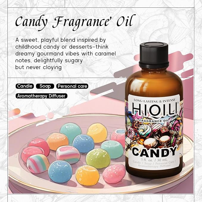 HIQILI Candy Fragrance Oil for Diffusers for Home - 1 Fl Oz | Long-Lasting Sweet Scent, Perfect for Soap & Candle Making, Pet Safe, Graduated Dropper Included