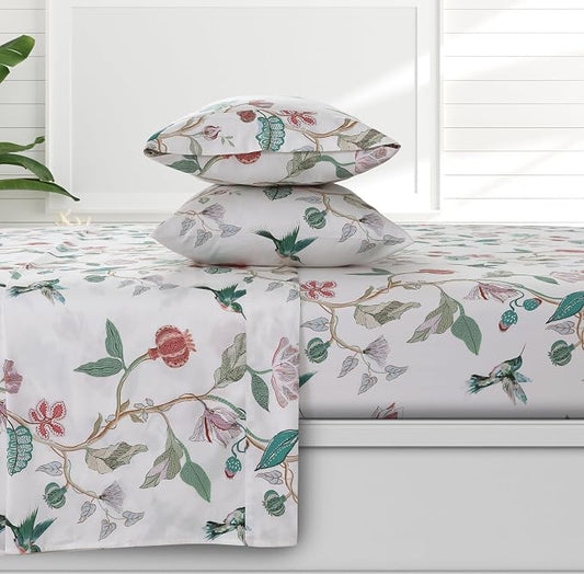 AZORES HOME King Organic Cotton Sateen Sheet Set - Deep Pocket, 300 Thread Count, 4-Piece Luxury Bedding, Cristina Multicolor