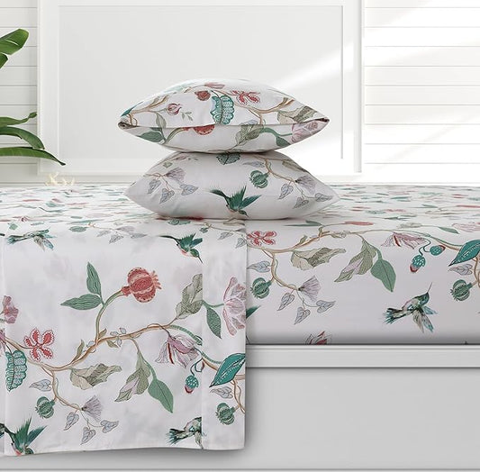 AZORES HOME Twin Organic Cotton Sateen Sheet Set - Deep Pocket, 300 Thread Count, 3-Piece Luxury Bedding, Cristina Multicolor