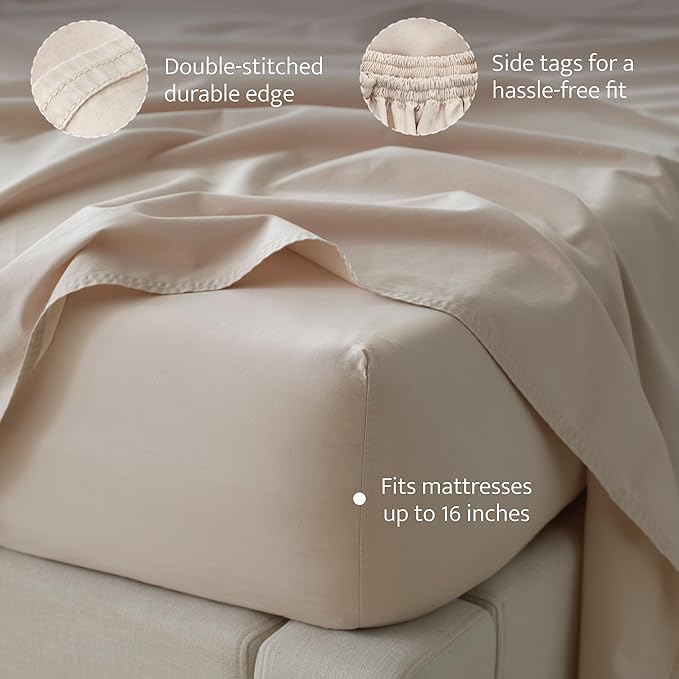 Double Stitch 100% Organic Cotton Sheets, King Size Sheets Set, GOTS Certified Long Staple Cotton Bedsheets, Luxury & Soft Hotel Bed Sheets with 16 inches Deep Pocket, Made in India Linen
