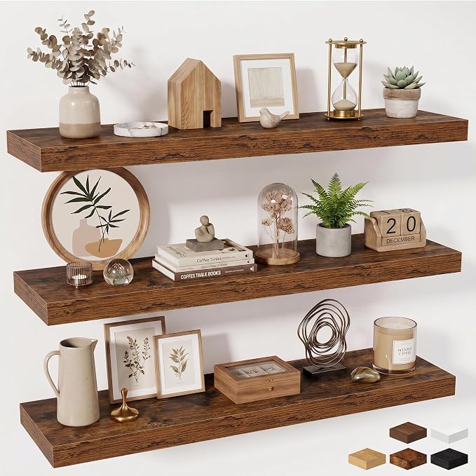 Fun Memories Floating Shelves Set of 3, 40 Inch Long Wooden Wall Shelves, 10 Inch Deep Wall Mounted Storage Shelf with Metal Brackets for Living Room, Bathroom, Bedroom and Kitchen, Rustic Brown