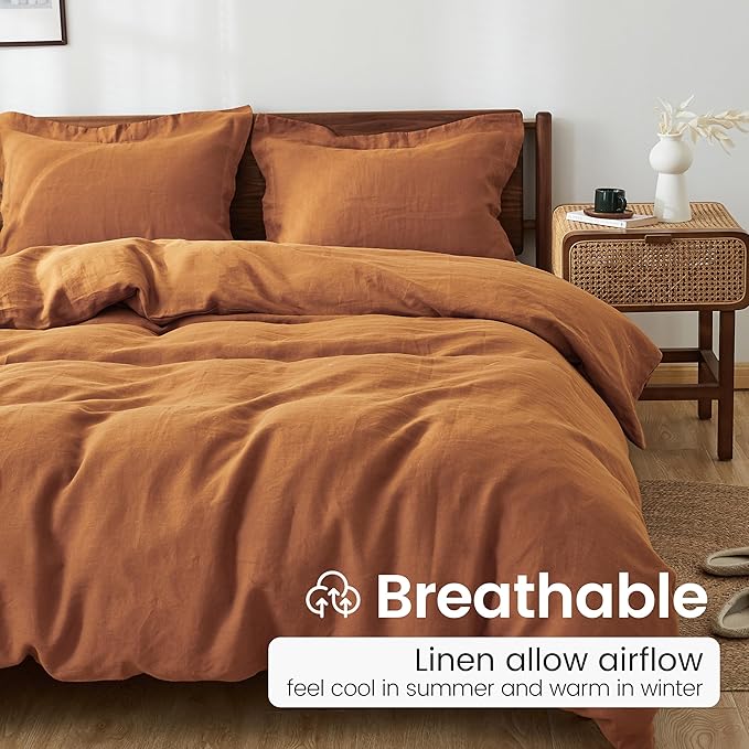 100% French Linen Pillow Shams Basic Style - Pack of 2 - Washed Solid Color Natural Flax Soft Breathable - Rust, 20'' x 26''