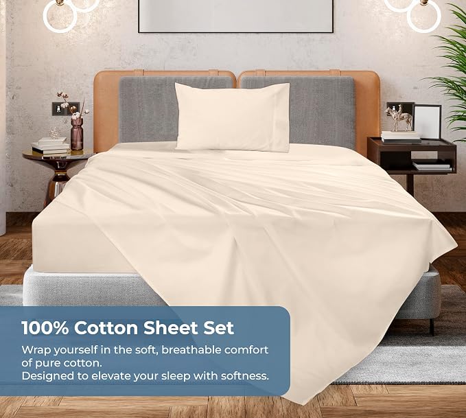 ROYALE LINENS 100% Organic Cotton Twin XL Sheet Set - Percale Weave - 3 Pieces Set - 1 Flat, 1 Deep Pocket Fitted Sheet and 1 Pillowcases - Cream Bed Sheets - Sábanas Twin XL - Crisp Cool (Cream)