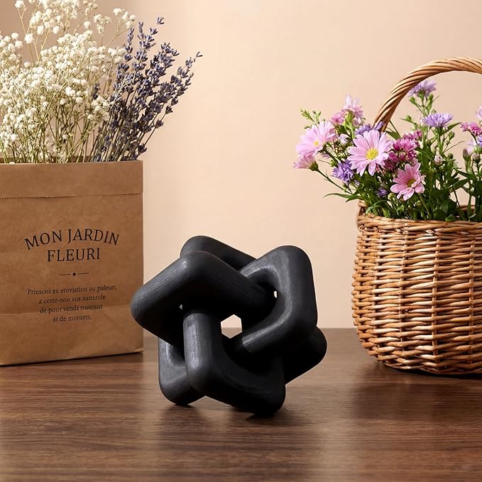 Yalikop 3 Link Wood Knot Decor - Hand Carved Coffee Table Decoration, Boho Chain Link Decor, Modern Shelf, Rustic Objects for Home Living Room Bedroom(Elegant,Black)