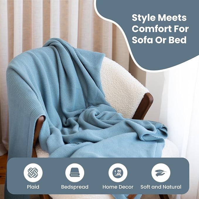 Dalisa 100% Organic Turkish Cotton Throw Blanket - GOTS Certified, Cozy - Perfect for Couch, Bed, and Home Decor - Boho Vintage Knit Alina (Smoke Blue, 80x90)