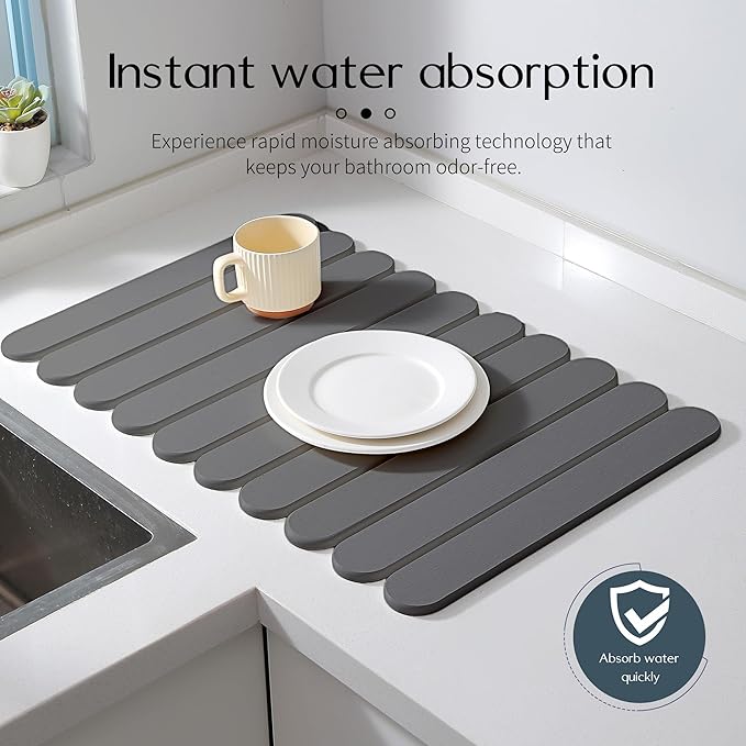 24"×16" Grey Stone Dish Drying Mats for Kitchen Counter, Large Quick Dry Collapsible Eco-Friendly Super Absorbent Diatomaceous Earth Heat-resistant Mat for Dishes Bottles Cups, Match Any Countertop