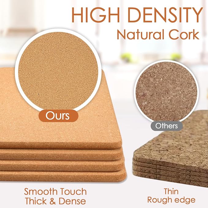 Cork Trivets for Hot Dishes Rectangle, 12" x 7" High-Density Thick Cork Trivets for Hot Pots and Pans, Heat Resistant Placemats HotPlate Coaster Pads for Kitchen, Table, Countertops, 4 Pcs