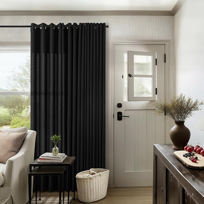 Black Curtains 90 Inches Long 2 Panels for Living Room Home Office Light Filtering Privacy Protection Grommet Linen Drapes Modern Farmhouse Neutral Semi Sheer 90 Inch Length Curtains for Bedroom