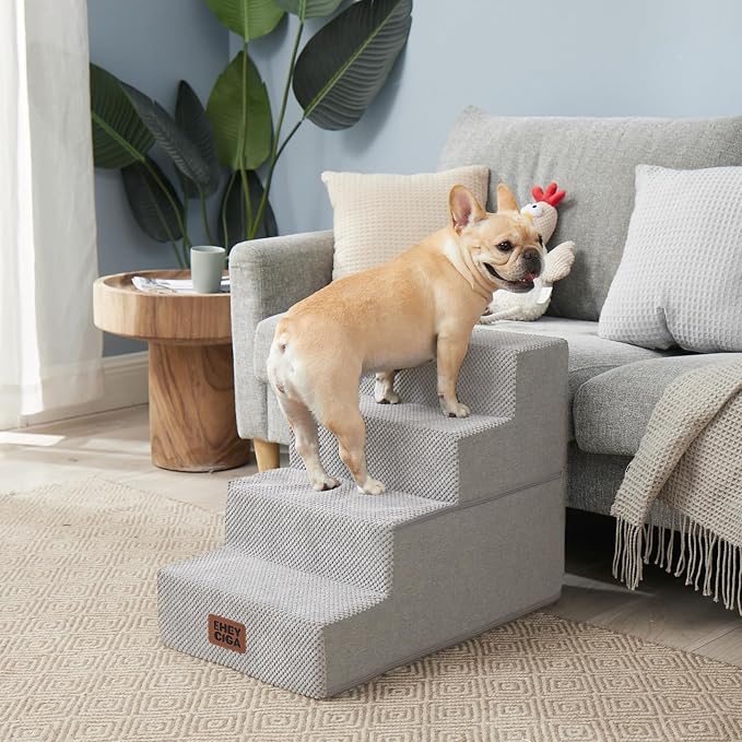 EHEYCIGA Dog Stairs for Bed 18" H, 4-Step Dog Steps for High Bed, Pet Steps for Small Dogs and Cats, Non-Slip Balanced Pet Ramp Indoor, Light Grey