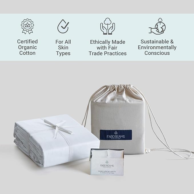 Fabdreams 100% Organic Cotton Twin Sheet Set | 400 Thread Count | Luxury Hotel Collection |GOTS Certified Premium Long Staple Cotton|Elasticised 16" Deep Pockets|Smoother Than Egyptian Cotton|White