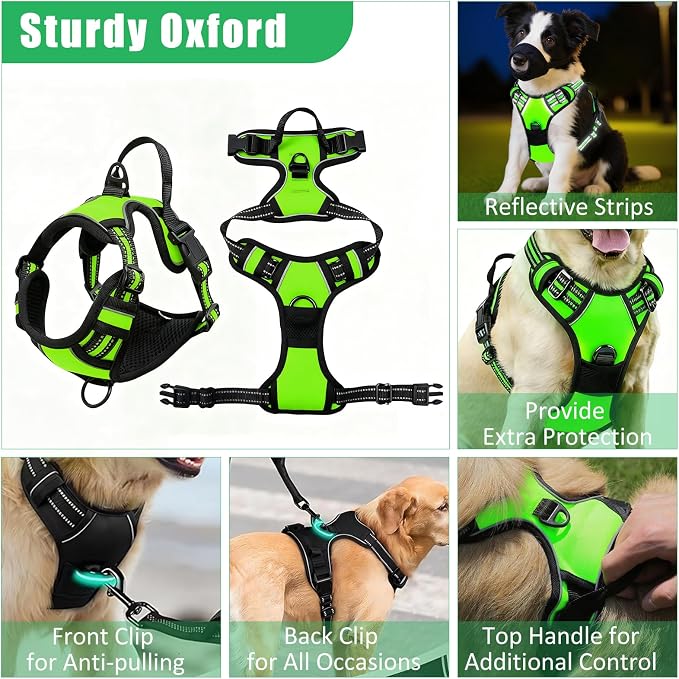 No Pull Dog Harness Adjustable Collar & Leash Set - Dog Halter Harnesses Collapsible Bowls & Poop Bag Dispenser Muzzle ID Tags Toys Fits Small Medium Large Dogs (Green-S)