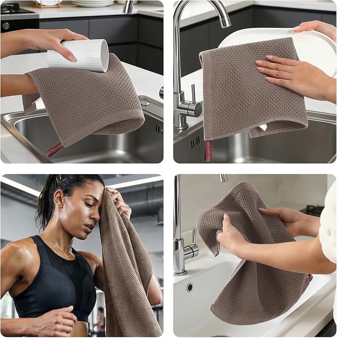 REDKISS Quick Dry Waffle Towel Set of 8, 100% Cotton,Lightweight & Highly Absorbent Waffle Towels for Bathroom, Spa, Gym, Pool-2 Bath Towels, 2 Hand Towels & 4 Washcloths,Brown