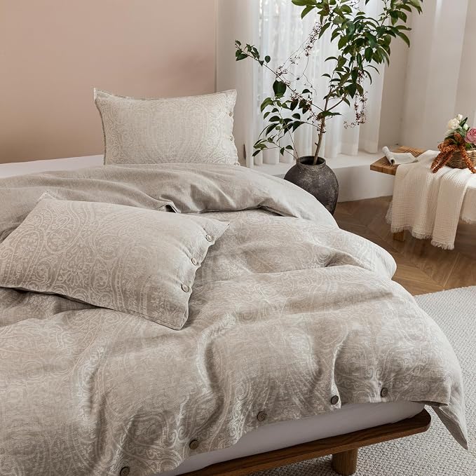 EVERLY 100% Pure Linen Duvet Cover Set Queen Size90X90Inch 3pcs (1 Duvet Cover,2 Pillowcases) Soft and Breathable for All Season with Coconut Button Closure, Suitable for Hot Sleepers-Linen-Queen