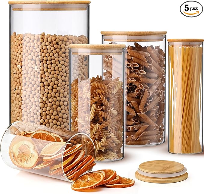 LemonRoad 5 Pack Airtight Glass Storage Jars with Bamboo Lids 152oz/61oz/46oz/25oz/19oz Glass Canisters Sets Food Storage Containers for Flour, Sugar, Rice, Microwave and Freezer Safe