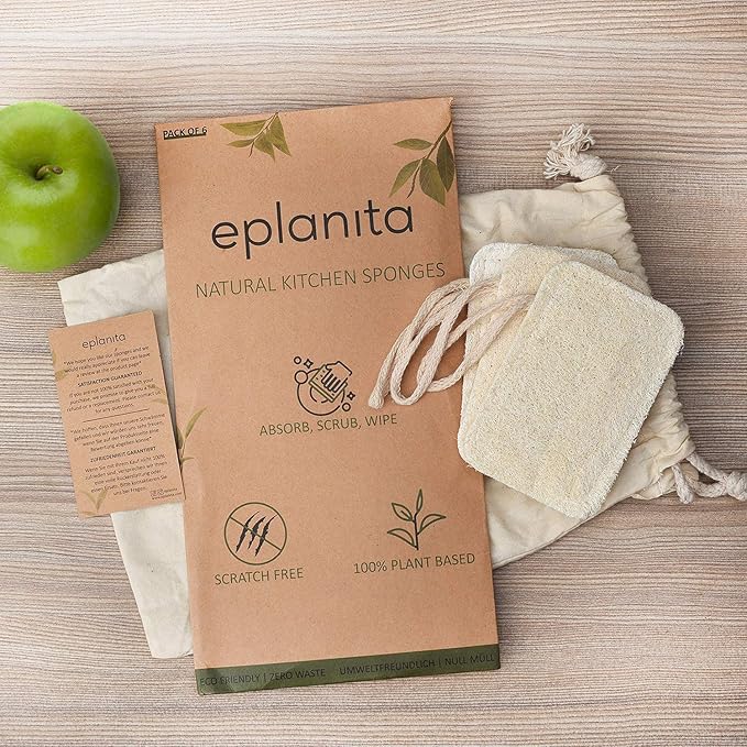 eplanita Natural Dishwashing Sponges (Pack of 6), Kitchen Eco Scrub Scourer, Natural Loofah Plant, Biodegradable and Zero Waste