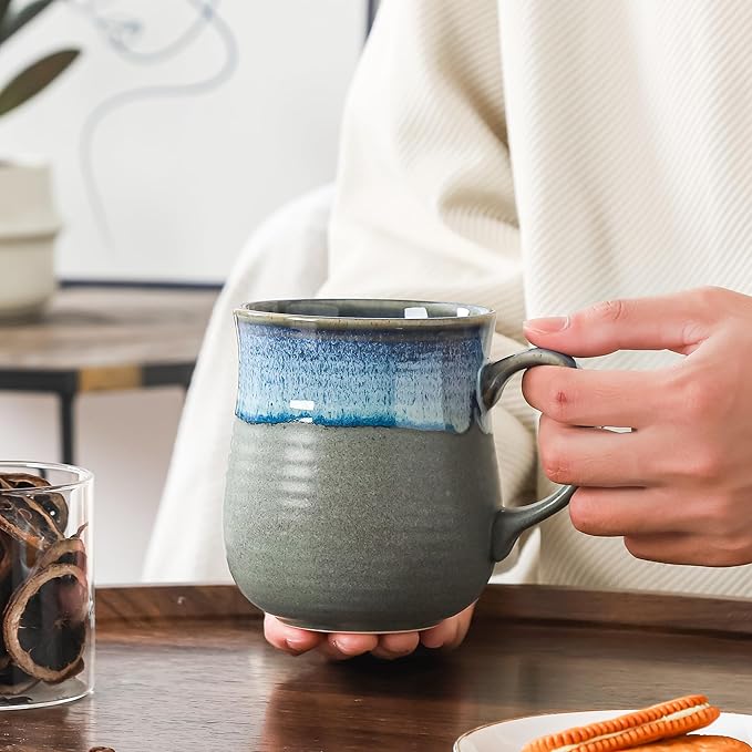 21 oz Large Ceramic Coffee Mugs, Pottery Mug Handmade, Ceramic Tea Cups with Handle for Office and Home, Dishwasher and Microwave Safe (Crystal Green)