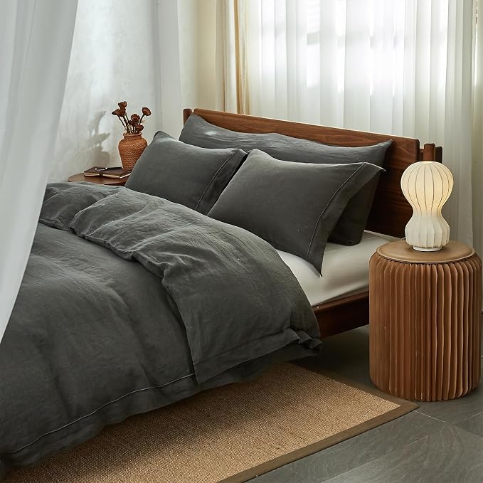 Simple&Opulence 100% Washed Linen Duvet Cover with Embroidered, 3 Pieces Soft Farmhouse Comforter Set with Button Closure,1 Duvet Cover and 2 Pillowshams(Queen,Charcoal Grey)