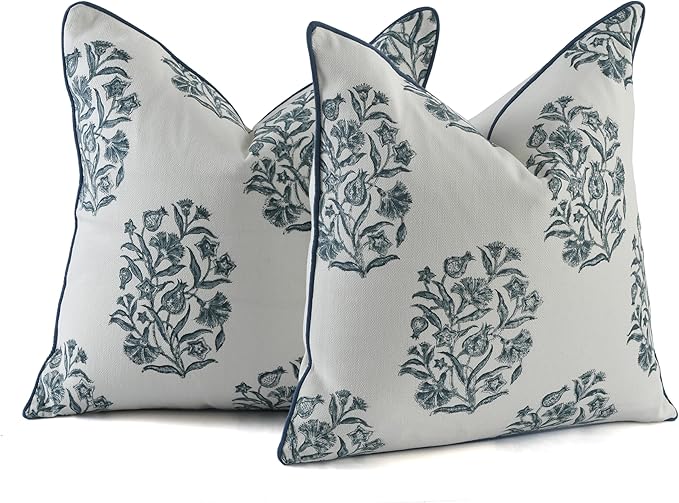 CPC Indigo Blue Block Print Throw Cushion Cover 18 x 18 Inch Set 2 - Decorative Boho Floral Pillow Case for Living Room, Bed, Sofa, Couch, Home Decor Cushion Cover Gift for Spring, Mother's Day
