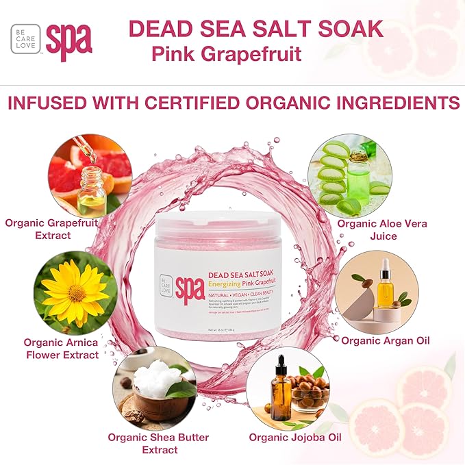 Be Care Love (BCL) Spa Energizing Pink Grapefruit Dead Sea Salt Soak – Professional Uplifting Foot Soak for Pedicure & Manicure, Softens Skin, Relaxing Spa Self Care for Women, Made in USA, 16 oz